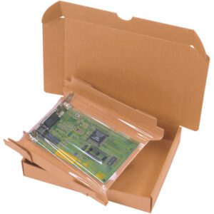 A circuit board inside a transparent anti-static bag is securely placed in an open 11 x 8 x 2 Korrvu® Retention Packaging (1/Case), ideal for safe shipping or storage.