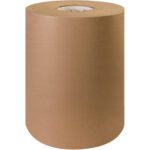 A large 12 - 50 lb. kraft paper roll (720/Roll) stands upright, showcasing its cylindrical form with paper tightly wound around the core.