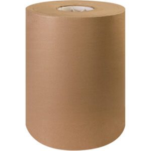 A large 12 - 50 lb. kraft paper roll (720/Roll) stands upright, showcasing its cylindrical form with paper tightly wound around the core.