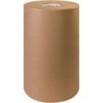 A 15 - 50 lb. Kraft Paper Roll (720/Roll) stands upright against a white background, showcasing its thick and durable quality ideal for packaging or crafting.