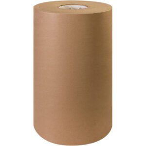 A large roll of brown kraft paper stands against a white background, labeled as the 15 - 60 lb. Kraft Paper Rolls (600/Roll), tightly wound around a cylindrical core for various uses.