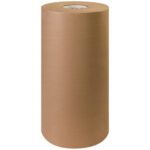 The 18 - 30 lb. Kraft Paper Roll stands vertically with a smooth texture and cylindrical shape, ideal for wrapping, packaging, or crafting. The top shows the inner cardboard core of its robust 1200 length per roll.