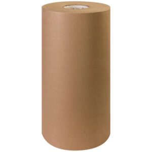 The 18 - 60 lb. Kraft Paper Roll (600/Roll) stands upright with a smooth, tightly wound texture and a white core at the top, elegantly displayed against a plain white background.