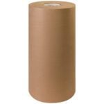 An 18 - 75 lb. kraft paper roll (475/roll) stands upright on a white background, smooth and tightly wound, exposing the circular cut at the top.