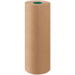 A large, upright 24 - 30 lb. Virgin Kraft Paper Roll reveals smooth, unrolled surfaces with top and bottom edges visible and a hint of green at the top center.