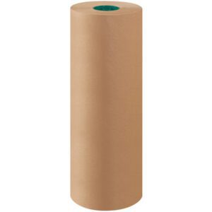 A large, upright 24 - 30 lb. Virgin Kraft Paper Roll reveals smooth, unrolled surfaces with top and bottom edges visible and a hint of green at the top center.