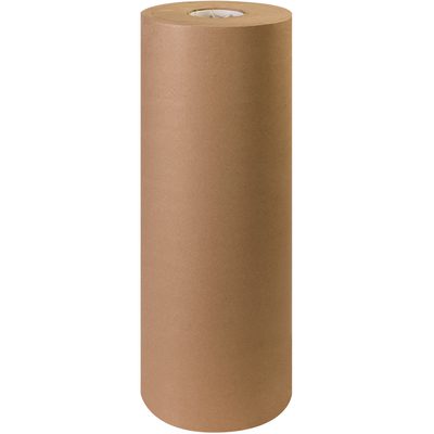 KP2440.jpg A tall, cylindrical roll of 24 - 40 lb. Kraft Paper Rolls (900/Roll) stands upright against a white background, showcasing its smooth, unblemished surface and open core visible from the top.