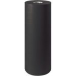 A large roll of 24 - 50 lb. Black Kraft Paper, 720 feet long, stands vertically on a white background with the top edge exposing the inner cardboard tube.