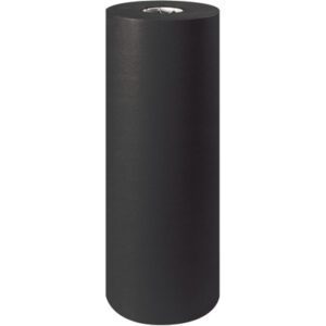 A large roll of 24 - 50 lb. Black Kraft Paper, 720 feet long, stands vertically on a white background with the top edge exposing the inner cardboard tube.