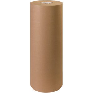 The 24 - 60 lb. Kraft Paper Roll (600/Roll) stands upright, tightly wound in a cylindrical shape with a visible hollow core, boasting a smooth, uniform texture indicating it is unused and ready for use.