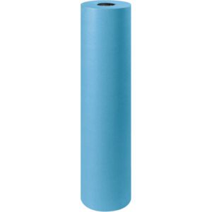 A 36 - 50 lb. Blue Kraft Paper Roll (1000 Roll) stands upright against a white background, appearing clean and new with its smooth surface and hollow center.