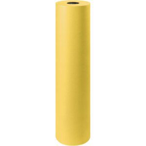 A 36 - 50 lb. Yellow Kraft Paper Roll (1000 Roll) stands tall against a plain white background, offering a striking visual contrast.