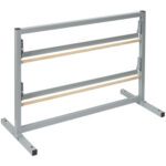 The MH-USA 36 Double Roll Horizontal Paper Cutter features a gray frame, metal and wood dowel rack, two wooden rods, and a sturdy base with black end caps, ideal for efficiently holding spools or rolls of materials.