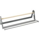The MH-USA 36 Horizontal Paper Cutter, designed for wall-mounting, includes a metal frame and wooden rod for smooth roll rotation. It holds and dispenses paper rolls while offering a sturdy, utilitarian look.