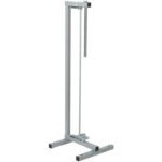 The MH-USA 36 Vertical Roll Paper Cutter boasts a tall, metallic stand with a vertical rod and sturdy base for stability. Its minimalist design is highlighted against a plain white background, making it perfect for securely holding or adjusting objects in place.