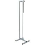 The MH-USA 48 Vertical Roll Paper Cutter is similar to a tall, metallic graphometer with a sliding mechanism on its vertical rod for precise measurements, making it ideal for scientific or industrial use. Its sleek and simplistic design ensures stability on a sturdy base.