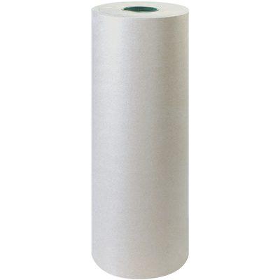 KPB2430.jpg A large roll of plain white paper, similar to the 24 - 30 lb. Bogus Kraft Paper Rolls, stands upright against a white background, showcasing its cylindrical shape and hollow core.