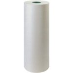 A large upright roll of plain, white paper stands against a neutral background, showcasing the reliability of the 24 - 50 lb. Bogus Kraft Paper Rolls (720/Roll), with its dense wrap and visible core.