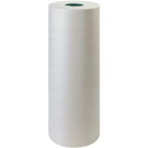 A large upright roll of plain, white paper stands against a neutral background, showcasing the reliability of the 24 - 50 lb. Bogus Kraft Paper Rolls (720/Roll), with its dense wrap and visible core.
