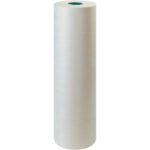 A large roll of plain white paper, similar to the sturdy 30 - 50 lb. Bogus Kraft Paper Rolls (720/Roll), stands upright against a white background.
