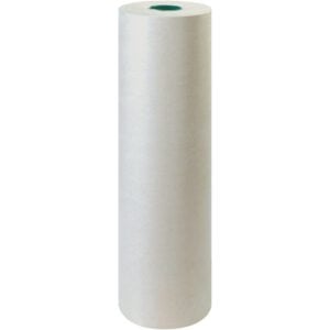 A large roll of plain white paper, similar to the sturdy 30 - 50 lb. Bogus Kraft Paper Rolls (720/Roll), stands upright against a white background.