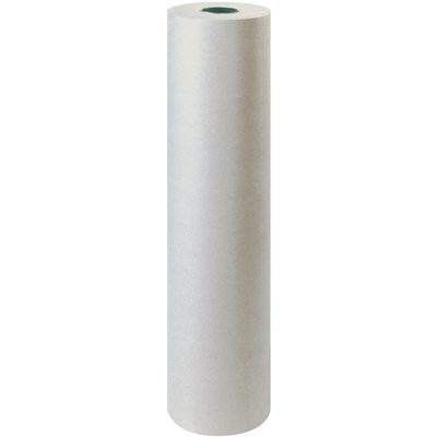 KPB3630.jpg A single, tall roll of 36 - 30 lb. Bogus Kraft Paper Rolls stands upright against a plain, light background, with its cylindrical form and visible circular opening at the top.
