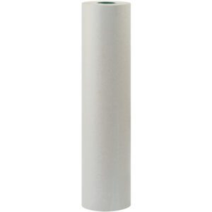 A 36 - 50 lb. Bogus Kraft Paper Roll (720/Roll) is displayed upright on a white background, highlighting its light gray elegance.