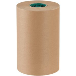 A 12 Poly Coated Kraft Paper Roll (600/Roll) with a noticeable green core is positioned upright on a plain white backdrop.