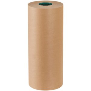 An 18 Poly Coated Kraft Paper Roll (600/Roll) stands tall and unused, featuring a smooth texture with clean edges. The core peeks through in a dark green contrast, highlighting its promise of durability and utility.