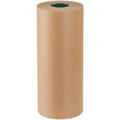 KPPC1850.jpg An 18 Poly Coated Kraft Paper Roll (600/Roll) stands tall and unused, featuring a smooth texture with clean edges. The core peeks through in a dark green contrast, highlighting its promise of durability and utility.