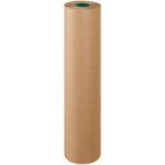 A large 36 Poly Coated Kraft Paper Roll (600/Roll) stands upright, displaying a green core. Its thick and sturdy build ensures durability for various uses.
