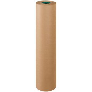 A large 36 Poly Coated Kraft Paper Roll (600/Roll) stands upright, displaying a green core. Its thick and sturdy build ensures durability for various uses.