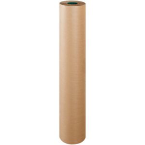 A 48 Poly Coated Kraft Paper Roll (600/Roll) stands upright, displaying its cylindrical shape and smooth texture with a plain, natural look. Its top inner section is visible in green, adding a practical touch to its durable design.