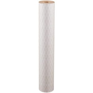 A tall roll of wallpaper presents a subtle light gray geometric triangle pattern on a white background to complement any decor. Echoing the sturdiness of 48 Reinforced Kraft Paper Rolls (300/Roll), it offers style and durability for your walls.