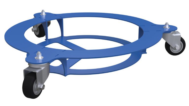 The Vestil Keg Transport Dolly 200 Capacity is a blue, circular dolly with an open metal frame and four swivel caster wheels, ideal for effortlessly moving heavy objects up to 200 pounds.