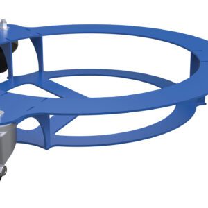 The Vestil Keg Transport Dolly 200 Capacity is a blue, circular dolly with an open metal frame and four swivel caster wheels, ideal for effortlessly moving heavy objects up to 200 pounds.