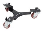 The Vestil Keg Transport Skate 200 Cap Black features a robust black metal dolly with three swivel casters, red rubber tires, and durable hardware. Its triangular frame has mounting holes, ideal for moving heavy objects up to 200 lbs effortlessly.