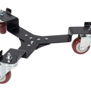 The Vestil Keg Transport Skate 200 Cap Black features a robust black metal dolly with three swivel casters, red rubber tires, and durable hardware. Its triangular frame has mounting holes, ideal for moving heavy objects up to 200 lbs effortlessly.
