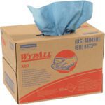 The Kimberly Clark® WypALL® X80 Heavy-Duty Wipers come in a brown box with eye-catching red and blue graphics, featuring a blue wipe being pulled from the top. Perfect for heavy-duty cleaning, it contains 160 professional-grade wipes.