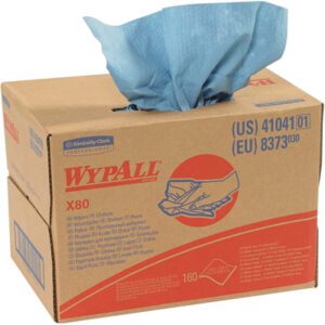The Kimberly Clark® WypALL® X80 Heavy-Duty Wipers come in a brown box with eye-catching red and blue graphics, featuring a blue wipe being pulled from the top. Perfect for heavy-duty cleaning, it contains 160 professional-grade wipes.
