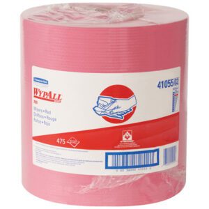 A large roll of pink industrial cleaning wipes branded as Kimberly Clark® WypALL® X80 Red Heavy-Duty Wipers Jumbo Roll (475/Roll) in bold red text on white packaging, featuring an image of hands wiping, indicating a generous supply of sheets.