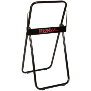 The lightweight portable black metal stand with a swing-out design boldly displays WYPALL in red on its center bar. Its ideal for the Kimberly Clark® WypALL® Floor Jumbo Roll Dispenser, effortlessly holding towels or similar items.