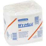 The Kimberly Clark® WypALL® L-40 1/4 Fold All Purpose Wipers Bulk Pack (1008/Case) features a blue and orange labeled package. Wrapped in clear plastic, it showcases the white absorbent cloths inside, designed for versatile use.