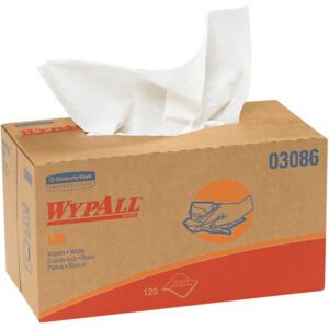 A brown Kimberly Clark® WypALL® L30 Economy 10 x 9.8 wipers dispenser box features white tissues protruding from the top, with red and blue branding, detailed product info, and a hand illustration. Each dispenser holds 120 wipers, totaling 1200 per case.