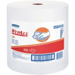 Kimberly Clark WypAll L30 Economy Jumbo Roll Wipers feature an orange and blue label with a hand illustration, product number 05841, and UPC barcode. Each case contains one white roll with 950 wipes.