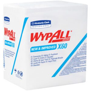 The Kimberly Clark® WypALL® X60 1/4 Fold Industrial Wipers Bulk Pack (912/Case) boasts a white and blue design with New & Improved highlighted, using multilingual descriptions and brand logos to cater to diverse industrial needs.