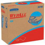 A brown Kimberly Clark® WypALL® X60 box displays blue and red branding, an illustration of hands with a wipe, and the number 126 on the front. Containing industrial wipes (9.1x16.8), it is perfect for tough cleaning tasks.