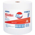 The image shows a large roll of Kimberly Clark® WypALL® X70 Industrial Pro Jumbo Roll Wipers (870/Case) with the brand logo, hand illustration using a wipe, and product details on the packaging.