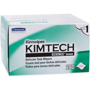 Each box from the Kimwipes® 1 Ply 4.4 x 8.4 Low Lint Wipers case of 8400 contains 280 wipes, labeled in English, French, and Spanish, with a white and green design ideal for delicate tasks.