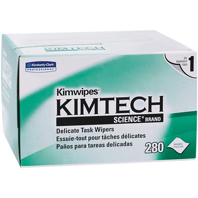 KW128.jpg Each box from the Kimwipes® 1 Ply 4.4 x 8.4 Low Lint Wipers case of 8400 contains 280 wipes, labeled in English, French, and Spanish, with a white and green design ideal for delicate tasks.